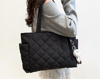 Quilted Puffer Tote: Plush Pendant Large-Capacity Shoulder Bag Casual Daily Handbag