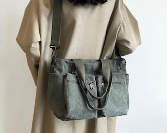 Corduroy Messenger Satchel Large Capacity Commuter Shoulder Crossbody Tote Multi Pocket Travel Camping Carryall