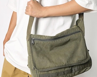 Canvas Shoulder Satchel: Solid Preppy Large Capacity School Tote Casual Tooling Style Bag