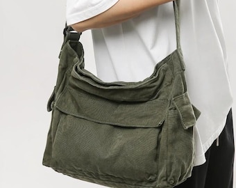 Washed Cotton Canvas Shoulder Satchel: Korean Style Crossbody Spacious Casual Bag
