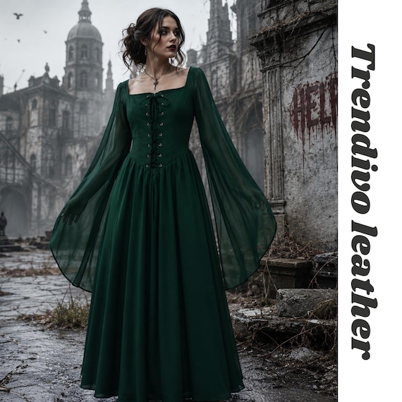 Medieval Renaissance Dress for Women, Gothic Witch Dress, Long Sleeve Floor Length Gown, Vintage Elf Costume, Halloween Masquerade Dress