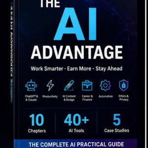 May include: A book cover for "The AI Advantage" with a dark blue background. The title is in large white and blue letters. It includes information on AI tools, chapters, and case studies. Published by TaxPremia.