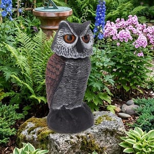 May include: A gray and brown owl statue with orange eyes, perched on a rock in a garden setting. The owl has a detailed feather design and is surrounded by lush greenery, flowers, and a stone pathway.