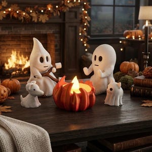 Peut inclure: Deux figurines de fantômes blancs, dont l'une tient un bâton avec une guimauve, sont assises à côté d'une petite figurine de chien blanc et d'une lumière orange en forme de citrouille sur une table en bois sombre.