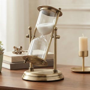 May include: An antique-style hourglass with a brushed brass frame and a circular base. The clear glass bulbs contain white sand, and the frame features a rotating mechanism. The base is engraved with circular decorative patterns and text.