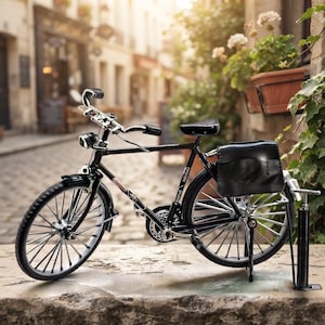 May include: A black miniature bicycle model featuring a black leather-style saddlebag attached to the rear, silver-toned spoked wheels, a black frame, and a small black manual air pump standing upright on the ground next to the rear wheel.
