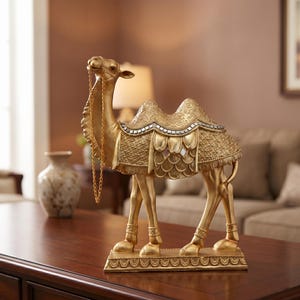 May include: A gold-colored camel figurine with intricate detailing. The camel is adorned with a decorative saddle and a chain around its neck. The figurine is standing on a rectangular base with an ornate design, suitable for home decor.