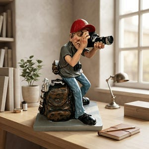 Könnte beinhalten: Eine Fotografenfigur mit roter Kappe, grauem Hemd und blauer Jeans, die auf einem großen braunen Rucksack sitzt und eine schwarze Kamera vor das Auge hält. Die Figur ist auf einem rechteckigen grauen Sockel montiert und detailreich gestaltet.