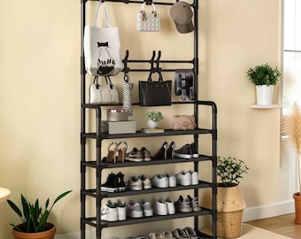 Zapatero multifuncional de 3 niveles con ganchos, estante de almacenamiento para la entrada, decoración del hogar que ahorra espacio