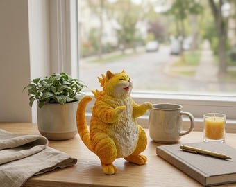 May include: A standing orange tabby cat figurine with a textured, spiky dorsal fin design along its back. The cat has a wide, joyful expression with its mouth open, raised front paws, and a long, curved tail, rendered in shades of yellow and orange.