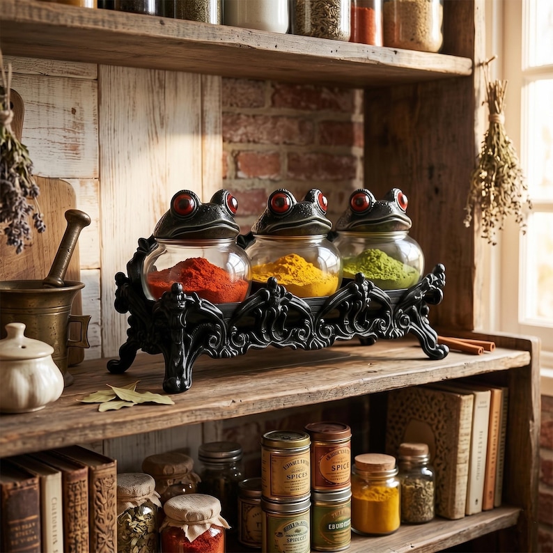 Witchy Frog Spice Jar Set, Apothecary Kitchen Decor, Glass Seasoning ...