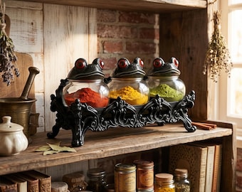 Witchy Frog Spice Jar Set, Apothecary Kitchen Decor, Glass Seasoning Containers, Gothic Frog Jars