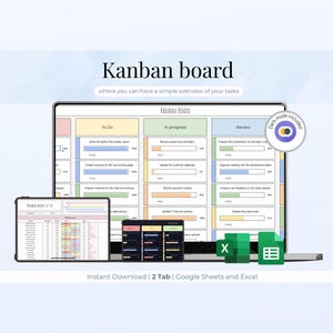 Può includere: Una bacheca Kanban digitale visualizzata su laptop, tablet e telefono. La bacheca è divisa in colonne: Da fare, In corso e Revisione. Il testo "Kanban board" è in alto, con "dove puoi avere una semplice panoramica dei tuoi compiti" sotto.