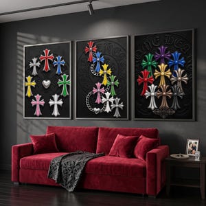 May include: A set of three framed wall art pieces featuring embossed, multi-colored cross motifs on a black background. The designs include various arrangements of red, blue, green, yellow, pink, white, purple, gold, and silver crosses with chain links.