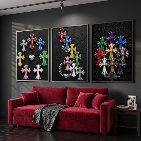 Gothic Cross Wall Art Set of 3, Black Silver Poster, Horseshoe Cross Print, Luxury Streetwear Decor, fleur de lie , Art Chrome heart SA57A