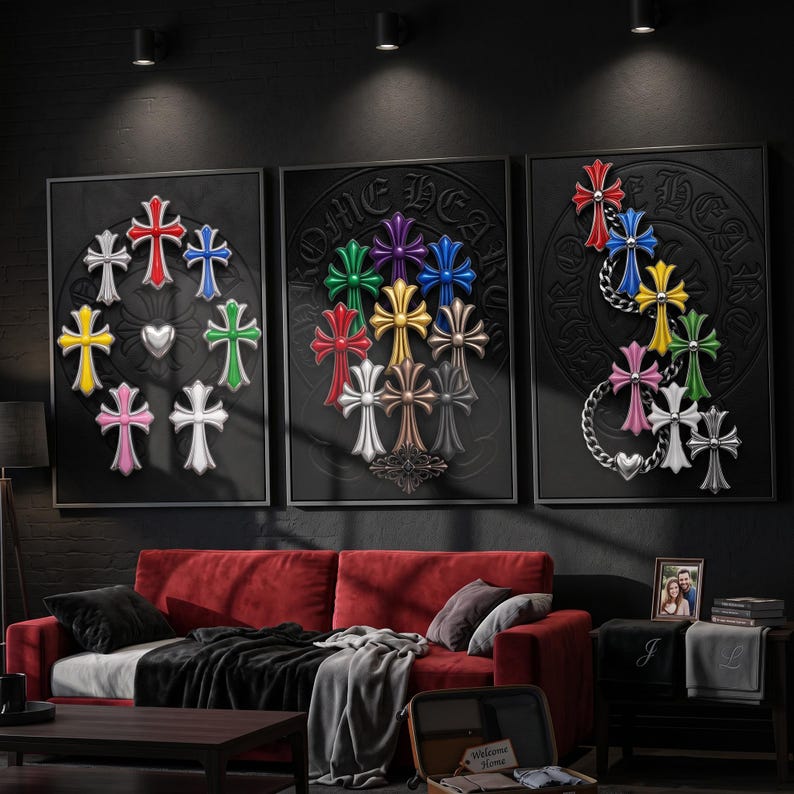May include: A set of three black framed wall art pieces featuring embossed Chrome Hearts branding. The artwork displays various colourful cross motifs in red, blue, green, yellow, pink, white, and metallic tones arranged in circular and cluster patterns.