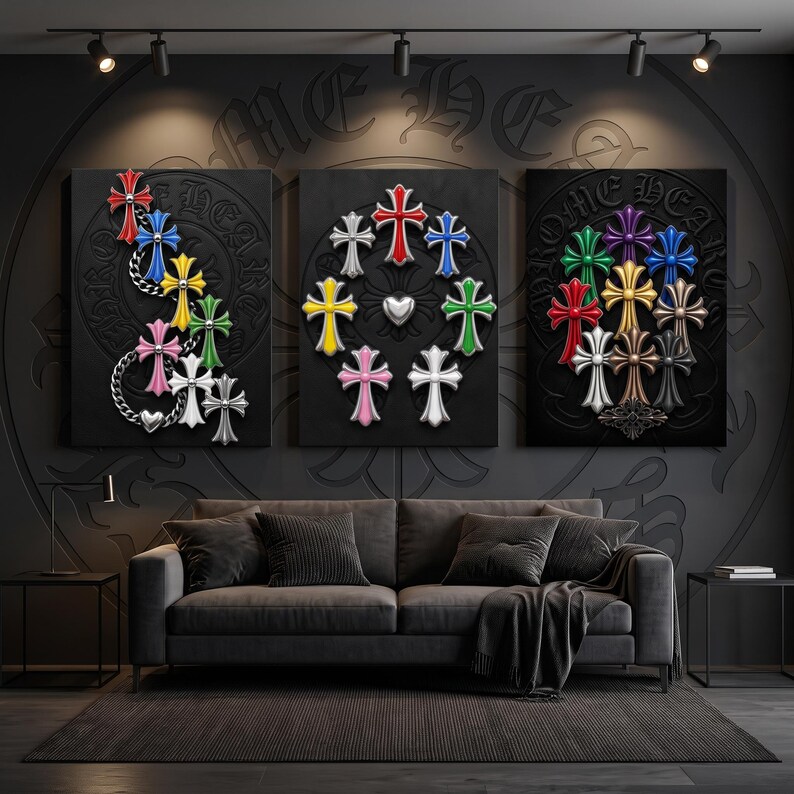 May include: Three rectangular wall art canvases featuring raised, colourful cross motifs on a black background. The left canvas shows crosses linked by a silver chain. The centre canvas displays a circular arrangement of crosses with a central heart.