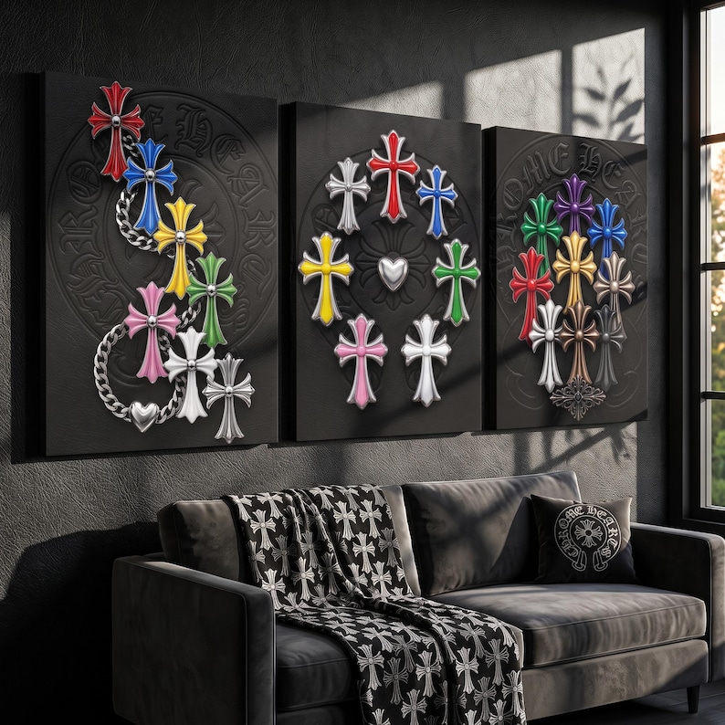 May include: A triptych of black canvas wall art featuring embossed Chrome Hearts logos and various colourful cross motifs. The left panel shows crosses linked by silver chains, the centre panel displays a circular arrangement, and the right panel features a cluster of crosses.