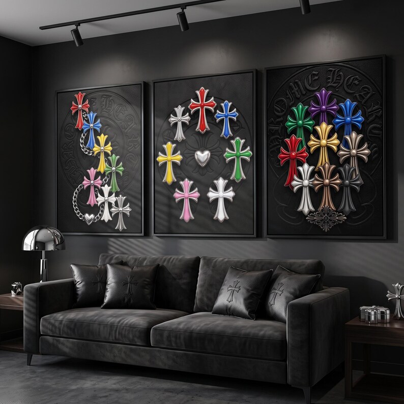May include: A triptych of framed wall art featuring black backgrounds with embossed circular patterns and the text CHROME HEARTS. The artwork displays various colourful cross motifs in red, blue, yellow, green, pink, white, purple, gold, and silver.