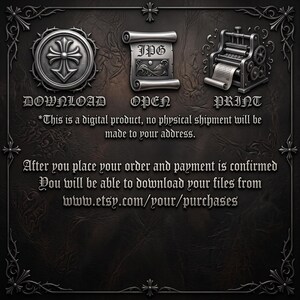 May include: A dark grey digital graphic featuring three icons labelled DOWNLOAD, OPEN, and PRINT. Text states: This is a digital product, no physical shipment will be made to your address. After you place your order and payment is confirmed you will be able to download your files from www.etsy.com/your/purchases.