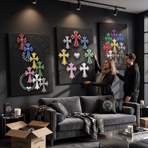 May include: Three large rectangular wall art pieces featuring embossed black circular motifs with the text Chrome Hearts. The artwork displays various colourful cross-shaped emblems in red, blue, yellow, green, pink, white, and silver, with metallic chain and heart accents.