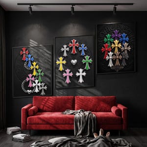 May include: Three framed wall art pieces featuring embossed cross motifs in various colours against a black background. The left piece shows a chain design, the centre features a circular arrangement with a heart, and the right displays a cluster of crosses.