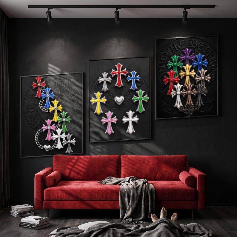 May include: Three framed wall art pieces featuring embossed cross motifs in various colours against a black background. The left piece shows a chain design, the centre features a circular arrangement with a heart, and the right displays a cluster of crosses.