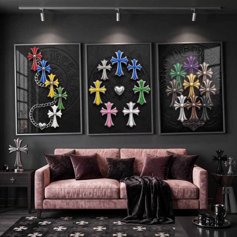 May include: Three framed wall art prints featuring colourful cross motifs on a black background. The left print shows a chain with crosses, the centre displays a circular arrangement of crosses with a heart, and the right features a cluster of crosses.