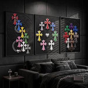 May include: A triptych of framed wall art featuring black backgrounds with embossed circular logos and various colourful cross motifs. The first panel displays crosses linked by chains, the second a circular arrangement, and the third a cluster of crosses.