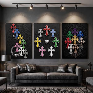 May include: A triptych of three black canvases featuring embossed circular motifs and various colourful cross-shaped emblems. The artwork displays a collection of red, blue, yellow, green, pink, white, purple, bronze, and black crosses in different arrangements.