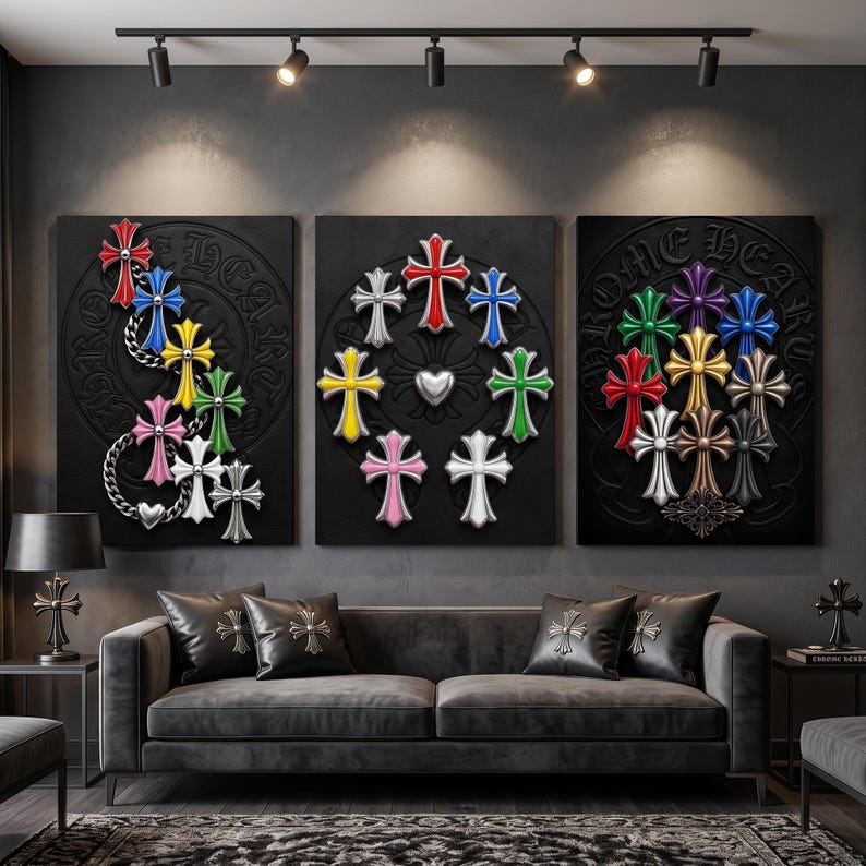 May include: A triptych of three black canvases featuring embossed circular motifs and various colourful cross-shaped emblems. The artwork displays a collection of red, blue, yellow, green, pink, white, purple, bronze, and black crosses in different arrangements.