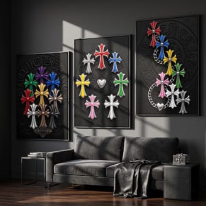 May include: Three framed wall art pieces featuring embossed black backgrounds with the text Chrome Hearts. The artwork displays various colourful, metallic-style cross emblems arranged in circular and cascading patterns, including red, blue, yellow, green, pink, white, and silver tones.