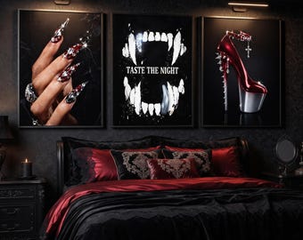 Gothic fashion Wall Art Set of 3, Silver Poster, Vampire Fangs Mouth Ringer Tee Print, Luxury Streetwear Decor, fleur de lie , Art  SAD 60 3