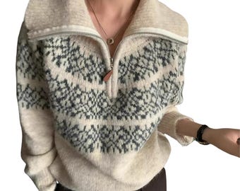 Women’s Nordic Fair Isle Knit Sweatshirt Half Zip Comfy Winter Jumper