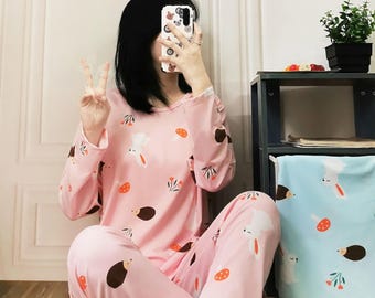 Women's Long Sleeve Sleepwear Cartoon Soft Pajama Set