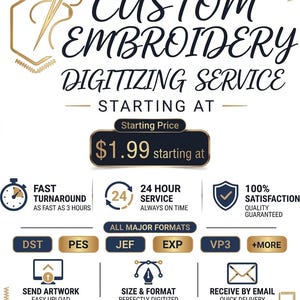 Könnte beinhalten: Eine digitale Anzeige für Stickerei-Digitalisierungsdienste mit dem Text CUSTOM EMBROIDERY DIGITIZING SERVICE, einem Startpreis von 1,99 $ sowie Symbolen für schnelle Bearbeitung, 24-Stunden-Service, Zufriedenheitsgarantie und Dateiformate.