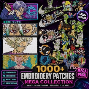 Op de afbeelding: Een digitale collectie van meer dan 1000 geborduurde patches met anime-personages, cartoonfiguren, gaming-iconen en popcultuurontwerpen. De weergave bevat gedetailleerde geborduurde portretten, actiescènes en diverse kleurrijke motieven.