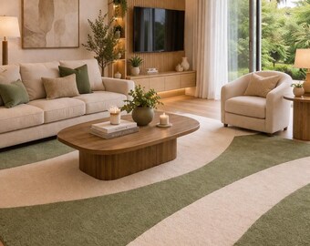 May include: A modern living room featuring a beige sofa with green and beige throw pillows, a wooden coffee table, and a patterned rug with green and beige stripes. A large TV is mounted on a wooden wall panel. A large window offers a view of the outdoors.
