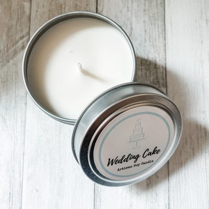 Hand poured pure soy candle 4oz tin Wedding Cake fragrance.