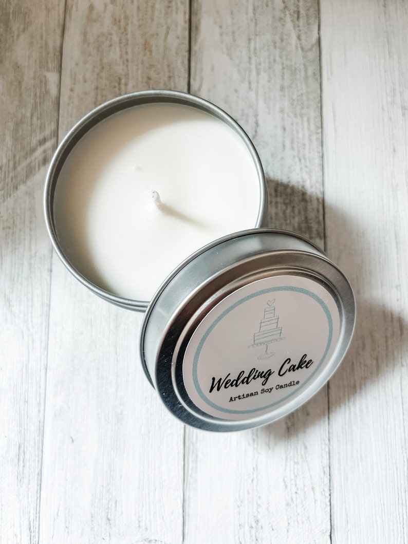 Hand poured pure soy candle 4oz tin Wedding Cake fragrance.