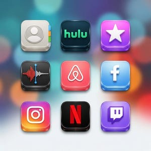 May include: Nine colorful app icons, including a contact book, Hulu, a star, a sound wave, Airbnb, Facebook, Instagram, Netflix, and Twitch. Each icon has a glossy, 3D appearance with vibrant colors and subtle shading, set against a blurred background.