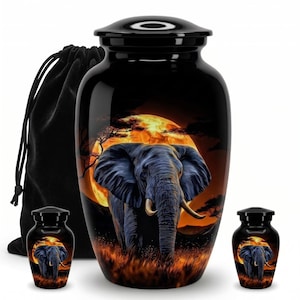Elephant Sunset Cremation Urn Set: Black Memorial Jar with Mini Keepsake & Velvet Bag