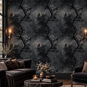 May include: Wallpaper featuring a repeating pattern of dark, silhouetted trees against a gray, misty background. The design depicts gnarled branches and dense foliage in shades of black and charcoal, creating a deep, atmospheric visual effect.