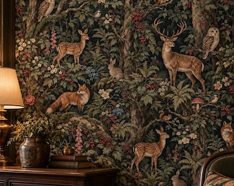Dark Woodland Wallpaper | Forest Wildlife | Deer Fox Rabbit Owl | Dark Green Botanical | Luxury Country Decor