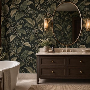 Dark Green Botanical Wallpaper, Moody Bathroom Wallpaper, Vintage Leaf Luxury Dark Academia Wall Decor