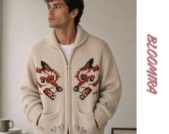 Cardigan loup en laine tricoté à la main, veste zippée nordique, tricots canadiens vintage
