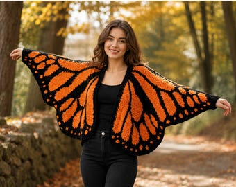 Cárdigan de punto con alas de mariposa monarca, chal bohemio para festivales, alternativa a un suéter extragrande.