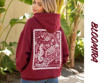 Felpa con cappuccio oversize con grafica, felpa vintage, pullover stile spiaggia