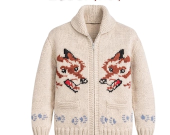 Handgestrickte Wolle Wolf Strickjacke, Nordische Zip Jacke, Vintage Kanadische Strickware