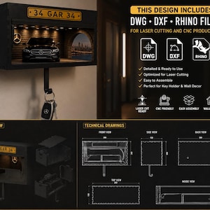 May include: A black wall-mounted key holder featuring a miniature garage display with a car model, illuminated interior, and a license plate reading 34 GAR 34. The digital file set includes DWG, DXF, and Rhino formats for laser cutting and CNC production.